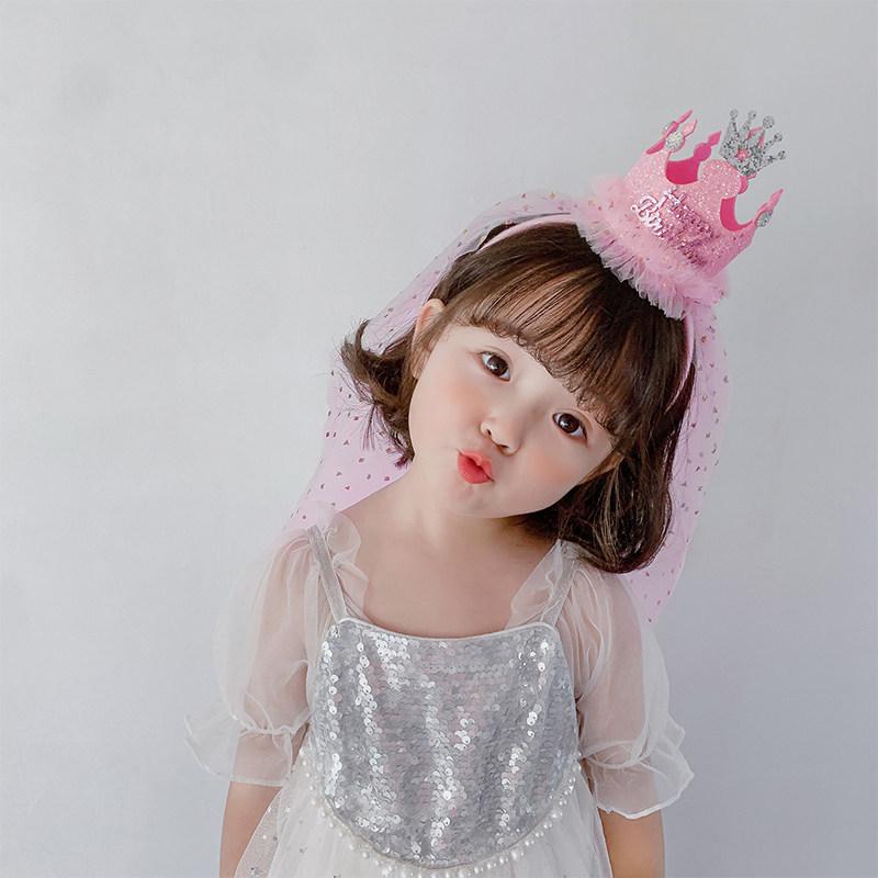 Birthday Hat with Veil Headband for Girls - Party Headwear and Photo Props