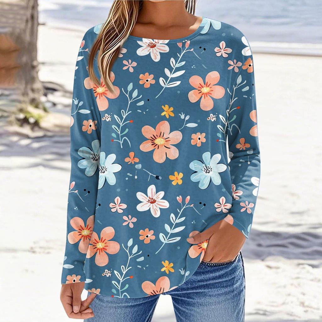 Women's T-shirt 3D printing small floral print fashion long-sleeved round neck regular top holiday weekend spring and autumn