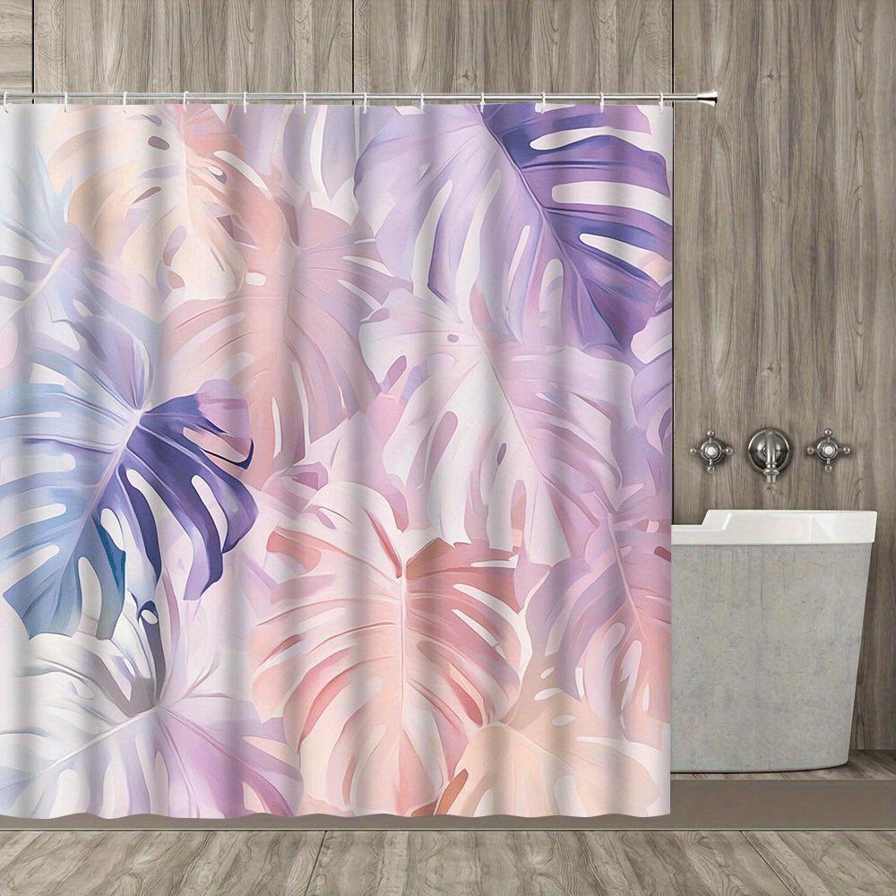 1pc Monstera Leaf Print Shower Curtain - Tropical Pink & Purple Polyester Bathroom Decor with 12 Hooks, Machine Washable