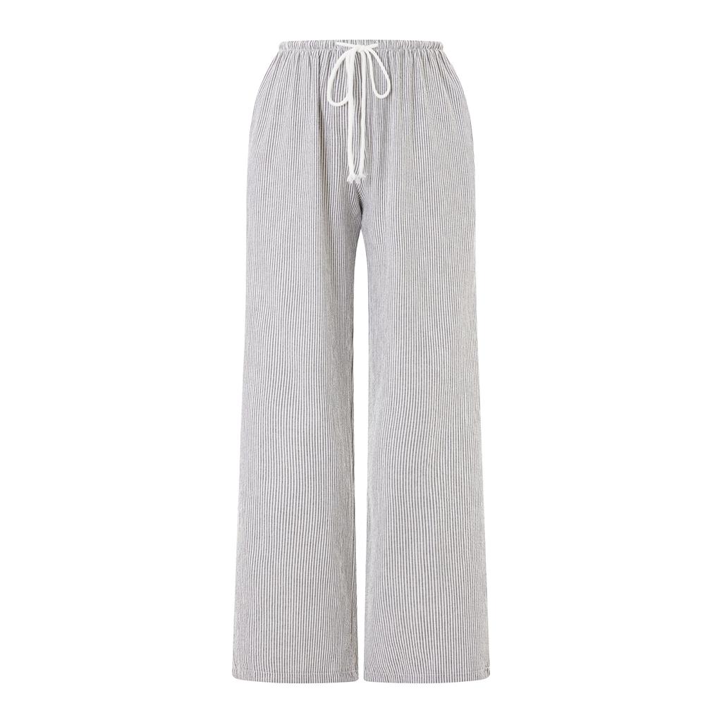 Women's Stripe Print Pants Drawstring Low Rise Straight Leg Trousers Sleep Bottoms