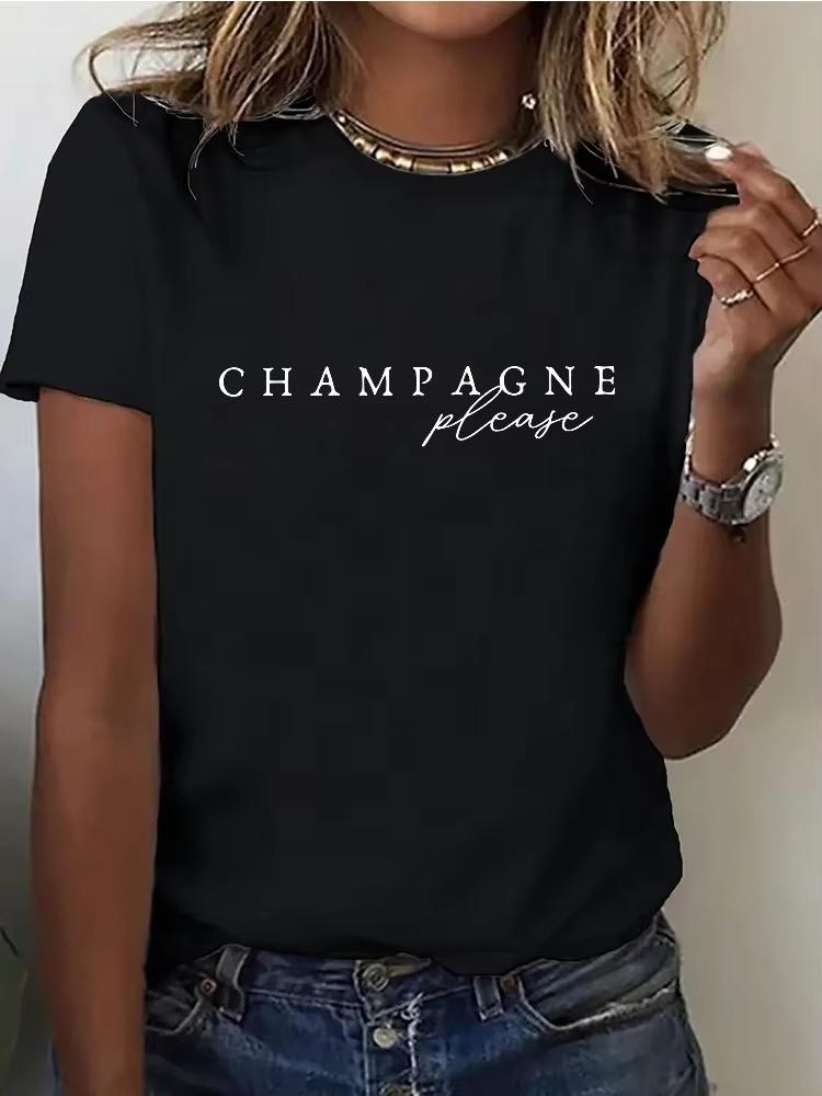 Damen Freizeit CHAMPAGNE Bitte Muster T-Shirt Rundhalsausschnitt Kurzarm Buchstabendruck Fitnessstudio Zuhause und Alltagsbekleidung Große Größen Harajuku