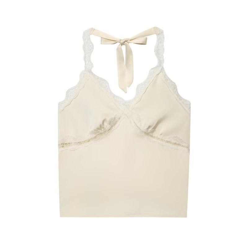 Za Autumn New Arrivals Women's Clothing Zr European and American Style Lace Halter V-Neck Double-Sided Satin Short Backless Camisole Top