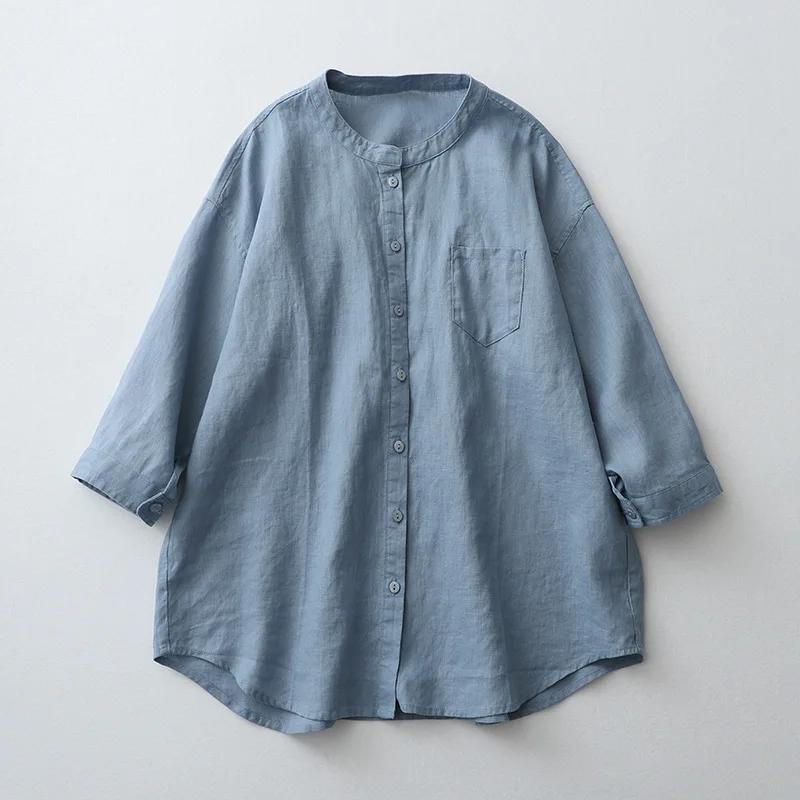 Summer Solid Color Shirt Stand-up Collar Seven-minute Sleeve Loose Japanese Women's Blouse Oversized Vintage Blouse