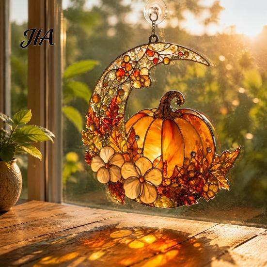 Romantic Autumn Home Wall Decor Stained Glass Pumpkin Moon Suncatcher, Acrylic Crescent Window Hanging with Halloween Thanksgiving Decorative Ornament