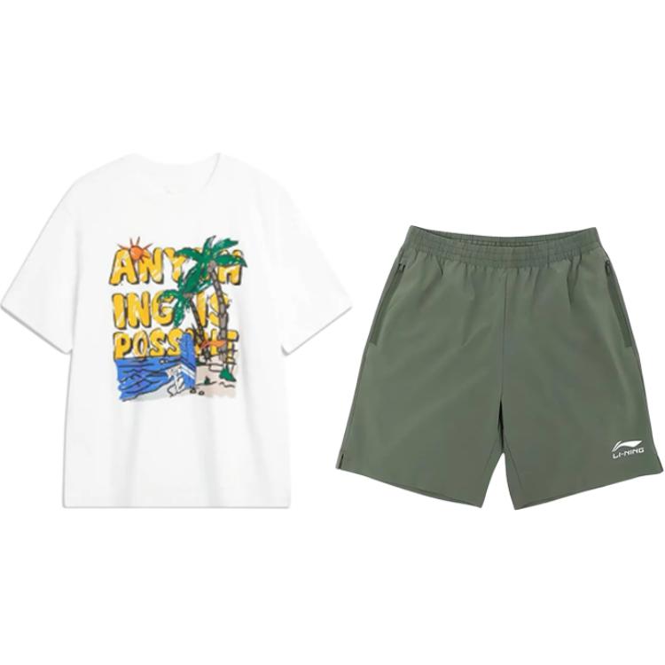 

Li-Ning Round Neck Pullover Printed Letter Summer Cool Comfortable Versatile Casual Sports Suit Unisex suit AHSU707-2+YKSV147-1 S