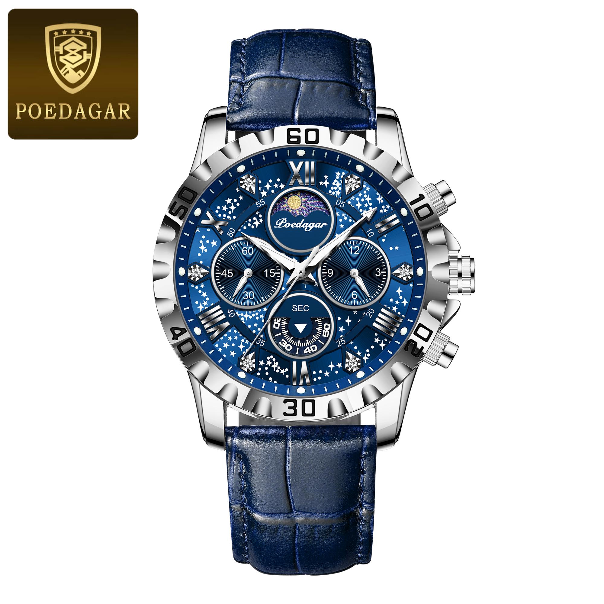 

POEDAGAR Original Military Man Wristwatch Waterproof Luminous Chronograph Leather Strap Watches for Men Quartz Watch Reloj синий/серебряный
