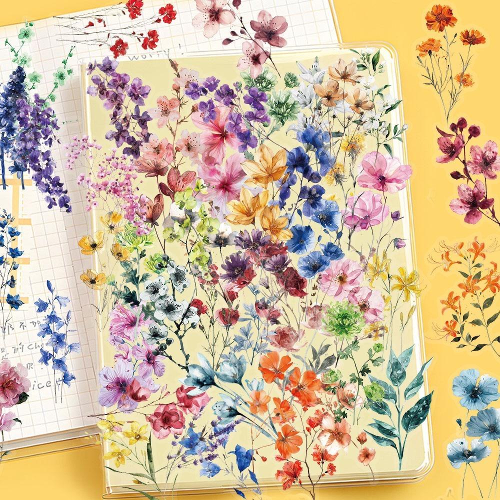 50PCS Waterproof Ink Flower Sticker Pack PET Flower Booklet Flower Material Decorative Transparent Non Repetitive