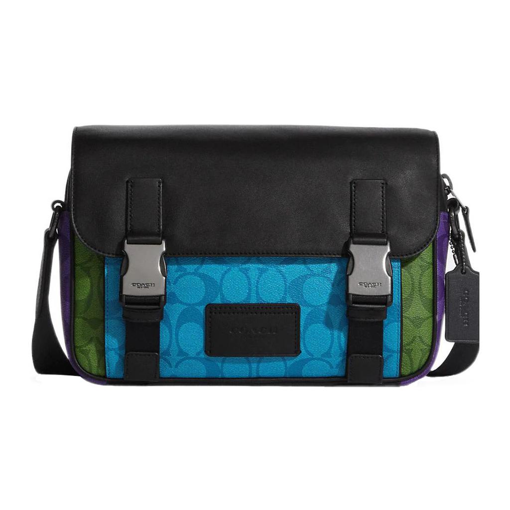 New COACH Track Cow Leather Patchwork Messenger Bag, Shoulder Bag, Crossbody Bag Tubas Unisex Black & Blue C9839-QBO3H
