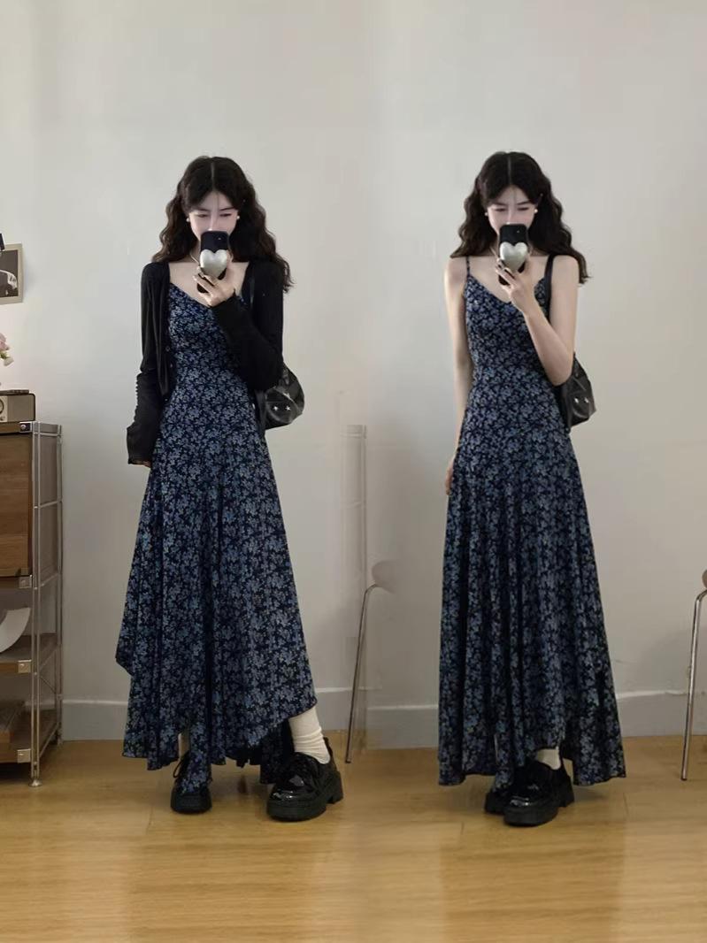 Women s Plus Size Retro Floral Camisole Dress & Cardigan Set - Navy Blue L
