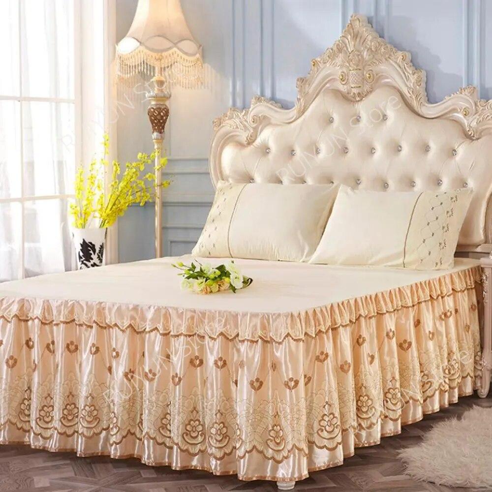 Princess Lace Bed Skirt Floral Embroidery Bed Skirt Non-slip Bed Cover Queen King Bedspread Bedding Mattress Cover Bedding Decor