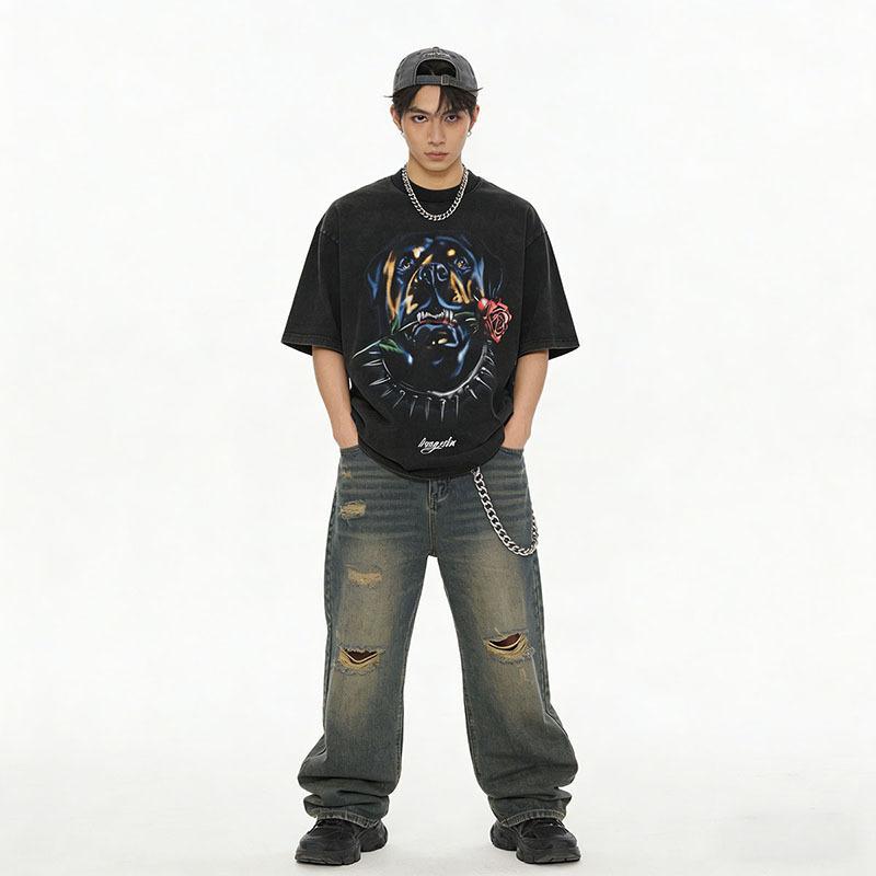 American Street T-Shirt Dog Head Rose Digital Direct Injection Printing Washing Water Cotton Short Sleeve T-Shirt Men