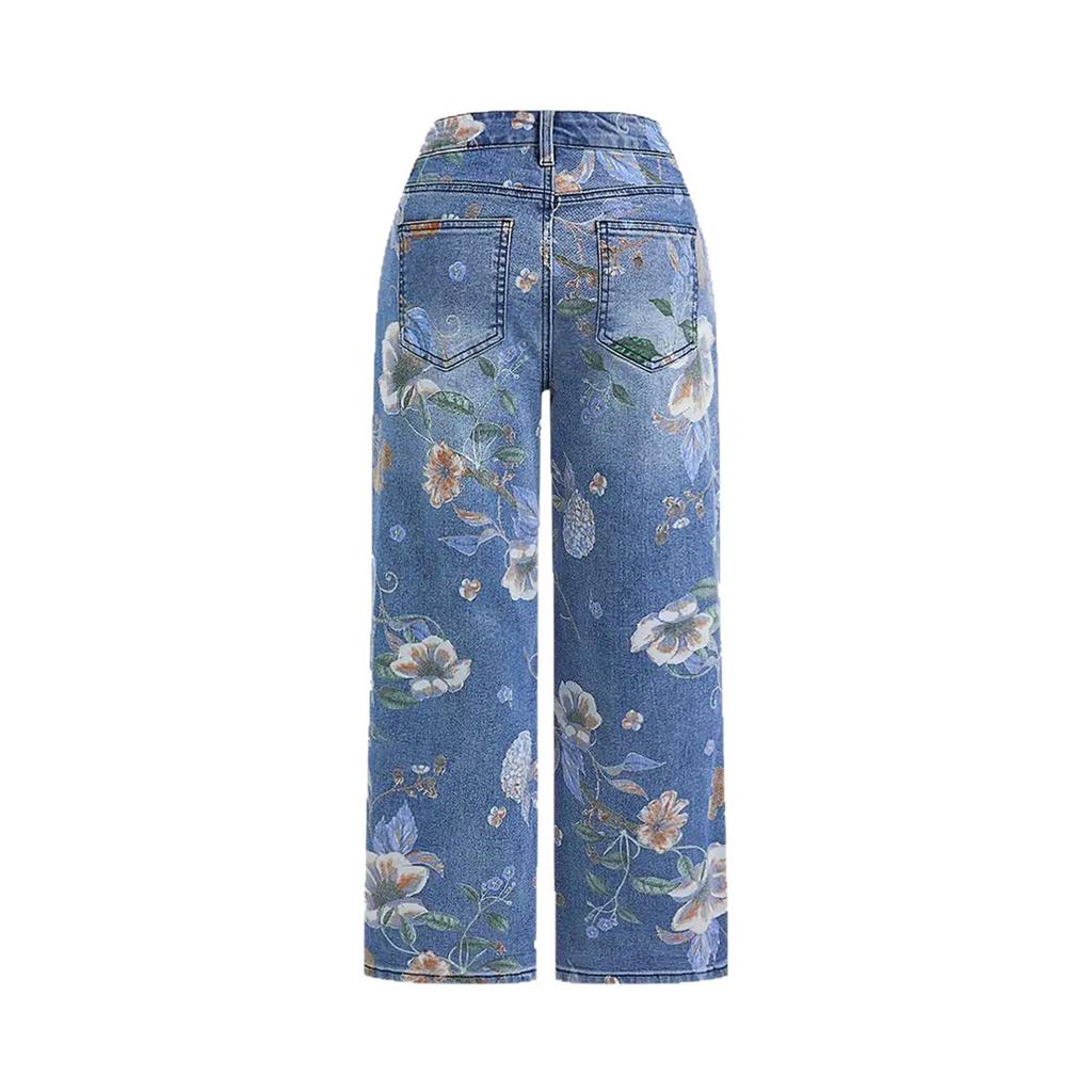 Women's Printed Denim Straight Wide Leg Pants Jeans Women  Women's High-waisted Floral Print Jeans Light Wash Straight-leg Casual Pants