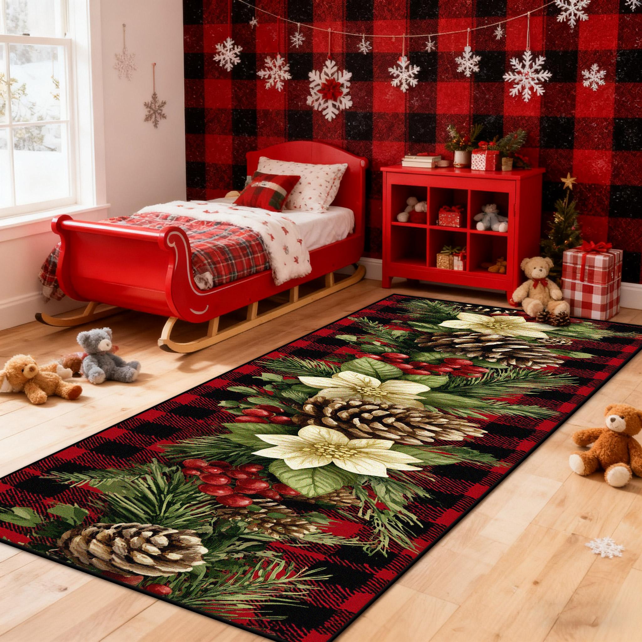 

Retro Poinsettia Long Carpet Bedroom Bedside Decoration Soft Fluffy Rugs Living Room Corridor Aisle Runner Non-slip Floor Mat 60x160cm