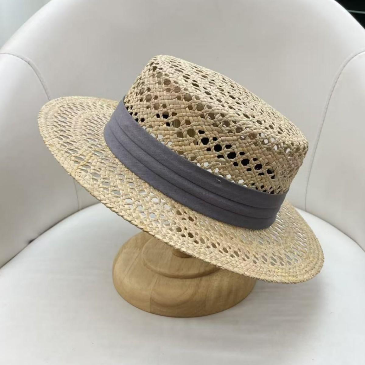 High-end retro French straw hat women s summer top hat flat top hollow seaside vacation sunshade sunscreen hat Adjustable (55-58cm)