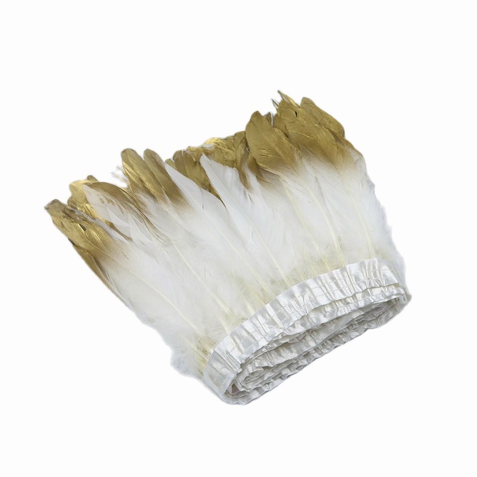 1 Yard Golden Dipped Goose Feather Trims White Plumes Ribbon Fringe For Handicraft Wedding Dress Decor Accessories Crafts