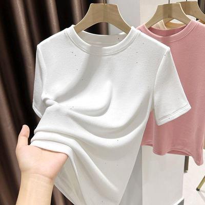 Silver Sparkle Plus Size Double-Sided Brushed Corduroy Short-Sleeve T-Shirt for Women – High-End Feel, Inner Layer, Thick Base Layer Top