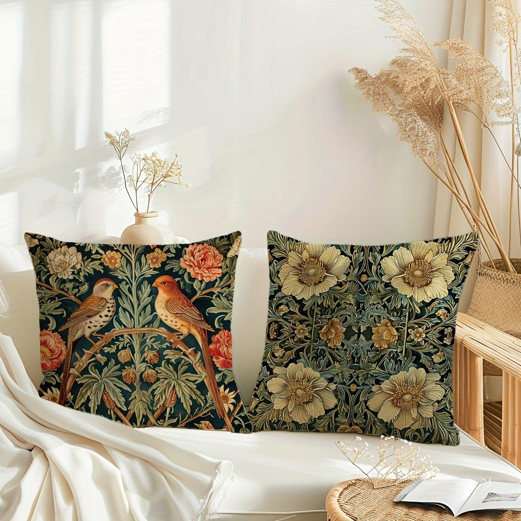 Vintage Flower and Bird Throw Pillow Covers Linen  Zippered Cushion Cases for Farmhouse, Living Room Decor Pillowcases
