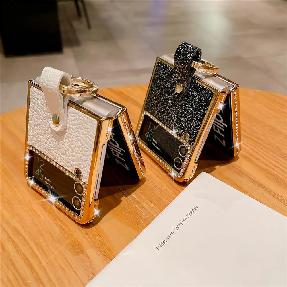 For Samsung Z Flip 6 Ring Holder PU Leather Plating Case For Samsung Galaxy Z Flip 6 Z Flip 5 4 3 Bling Diamond Shockproof Cover