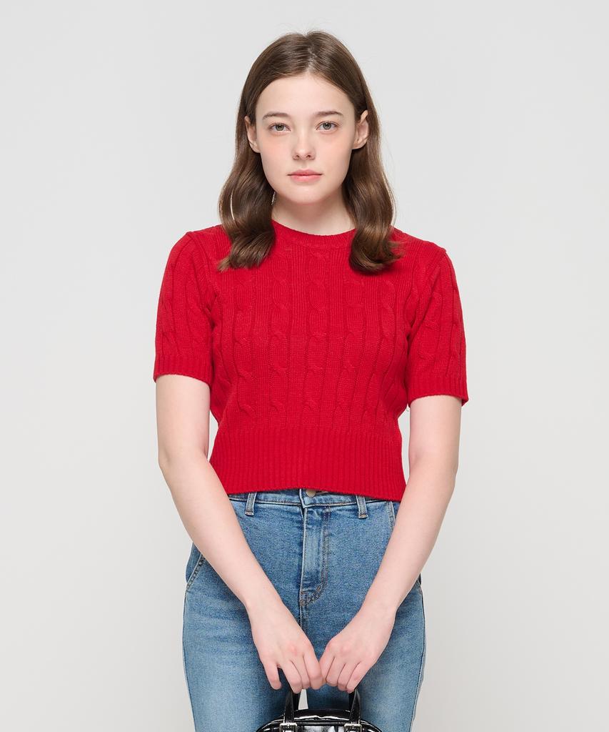 ROIDESROIS Cable Knit Short Sleeve Crop Knit (Red)