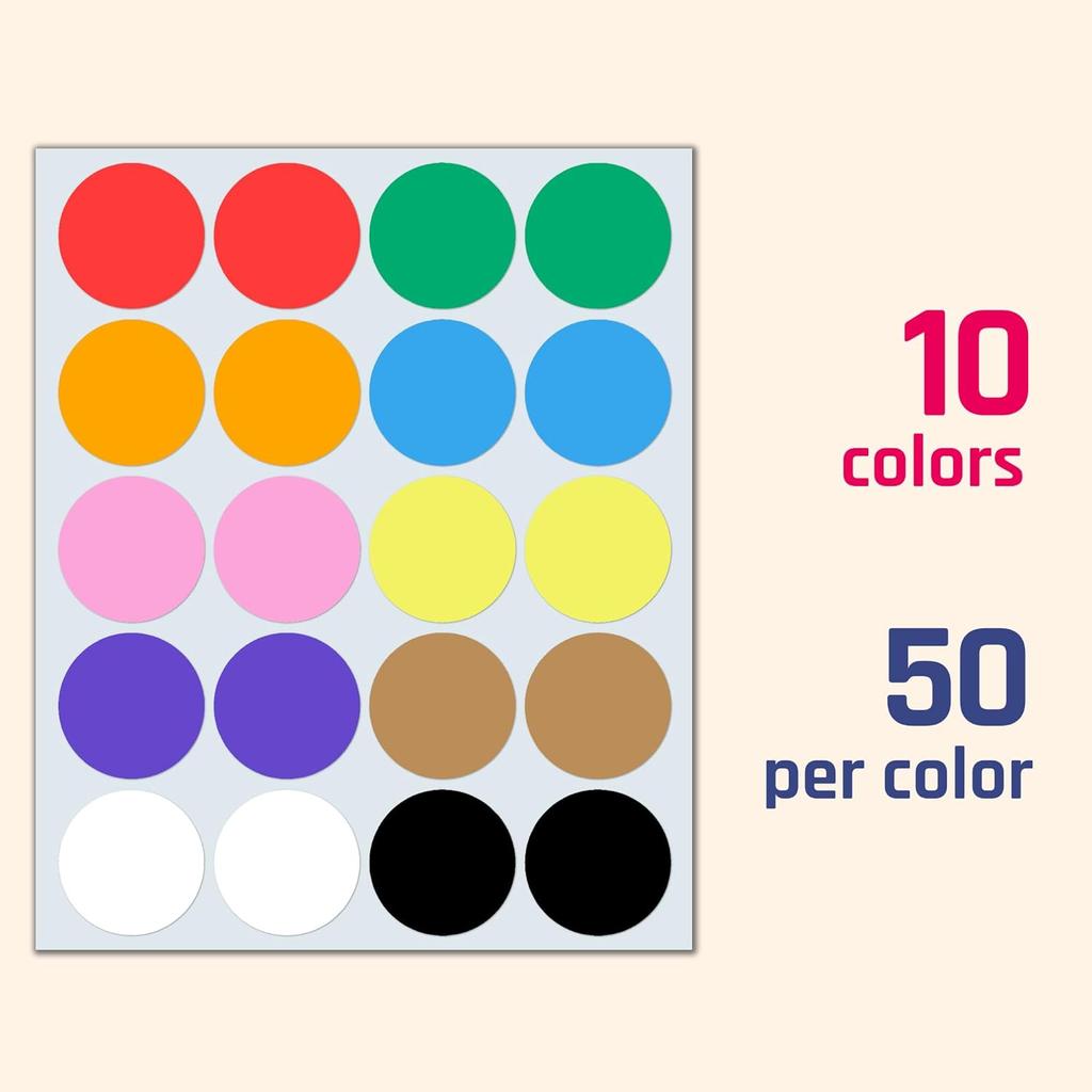 500 Pieces - Large Colored Stickers for Moving Boxes, Round Circle Color Coded Dot Labels - 2 Inch, 10 Colors
