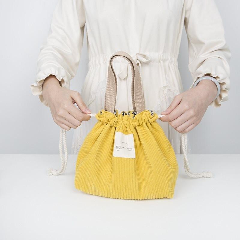 Versatile And Chic Drawstring Corduroy Lunch Tote Bag For Everyday Use In Green