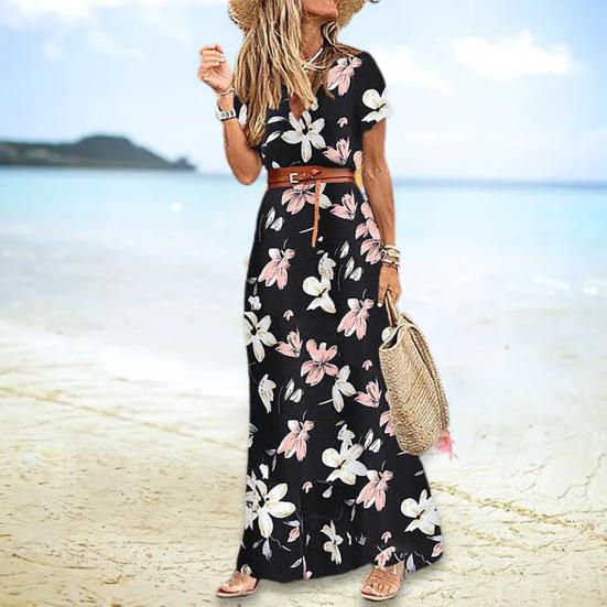 Damen Kleid Blumendruck Gürtel Frühling Sommer Bohemina A-Linie Maxi Kleid Strandbekleidung