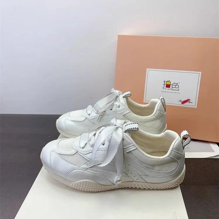 New Leather Women Sneakers Lace Up Mesh Breathable Flat Casual Shoes Silver Flats Spring Autumn Shoes