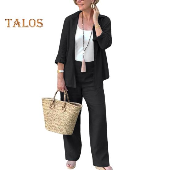 2-teiliges Set mit Hemd und Hose für Damen, lockeres Revers, einreihig, mittellange Langarmbluse, hohe elastische Taille, Hose mit weitem Bein, Alltagskleidung