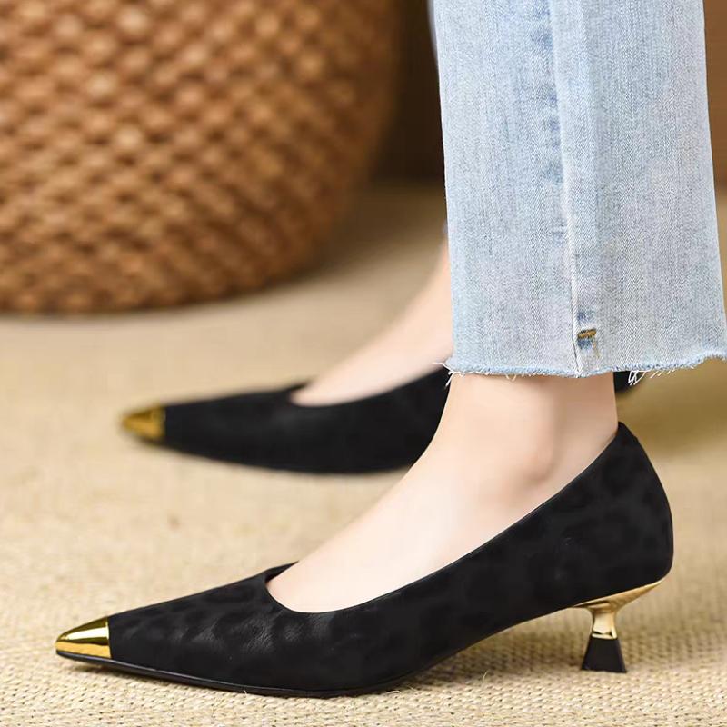 Fashion 2025  Stiletto Single Shoes Autumn New Metal Pointed Toe Shallow Mouth Leopard Print Slip Anti-slip Wear-resistant Kitten Heels
