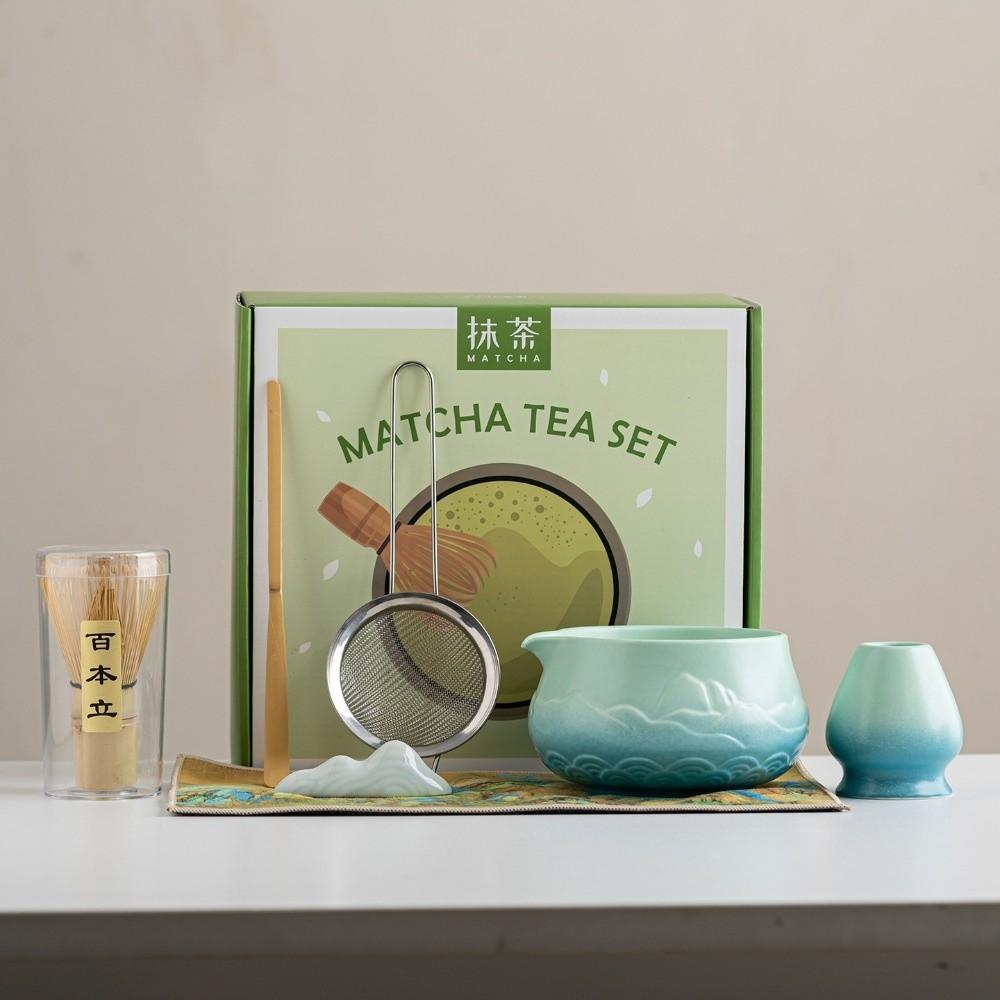 Ceramic Matcha Bowl Gradient Color with Pouring Spout Matcha Making Kit Reusable Mountain and Sea Japanese Tea Set Tea Lovers