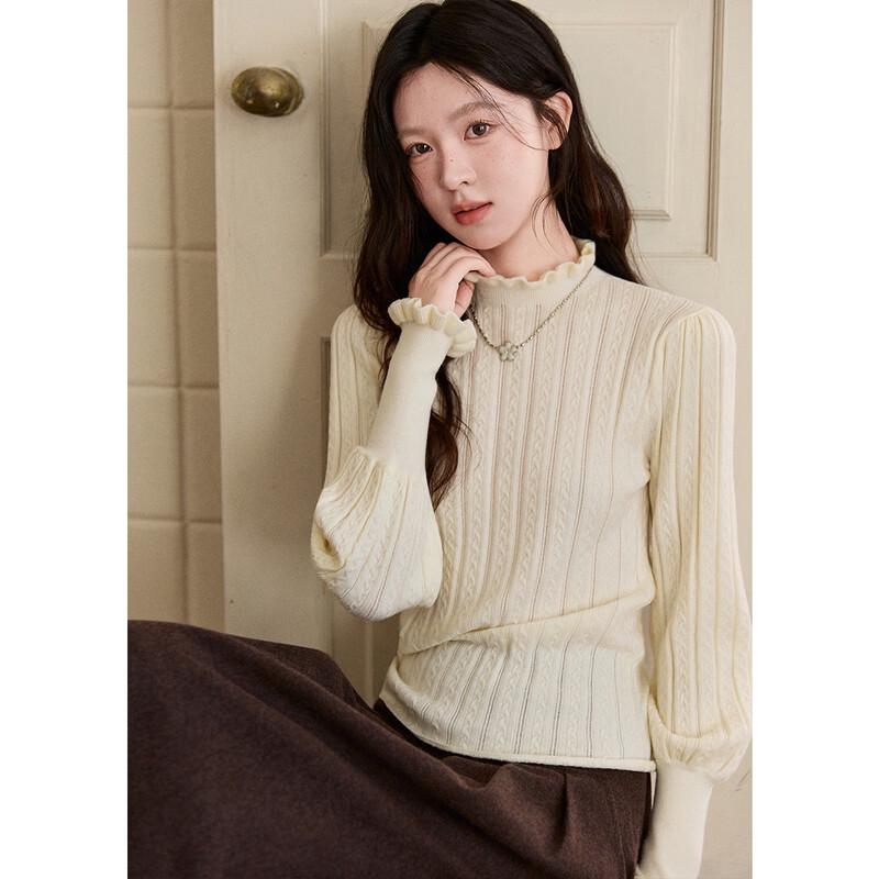 Women's Ruffle Trim Mock Neck Ribbed Knit Pullover