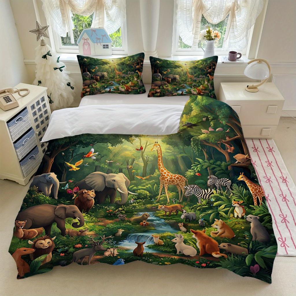 Tropical Jungle Safari Lions Tigers Giraffe Parrots Penguins Theme, Wildlife Zoo Bedding Set 3D Realistic Animal Print For Decor