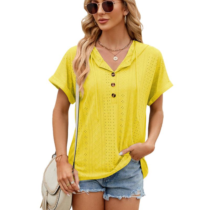 2026 Spring/Summer New Solid Color Buttoned Hooded Loose Short-Sleeve T-Shirt for Women