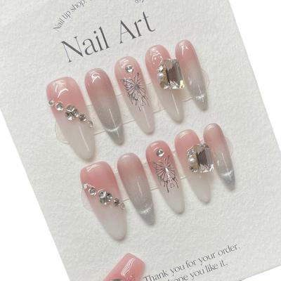 100% HANDMADE Long Water Droplet Artificial Nail Cat's Eye French Gradient Silver Butterfly Shiny Square Diamond Gentle Nude Color Fake Nails