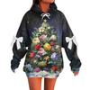 Ladies' Christmas Printed Bow Long Sleeved Loose Fitting Headband With Rope Hooded Sweatshirt Top