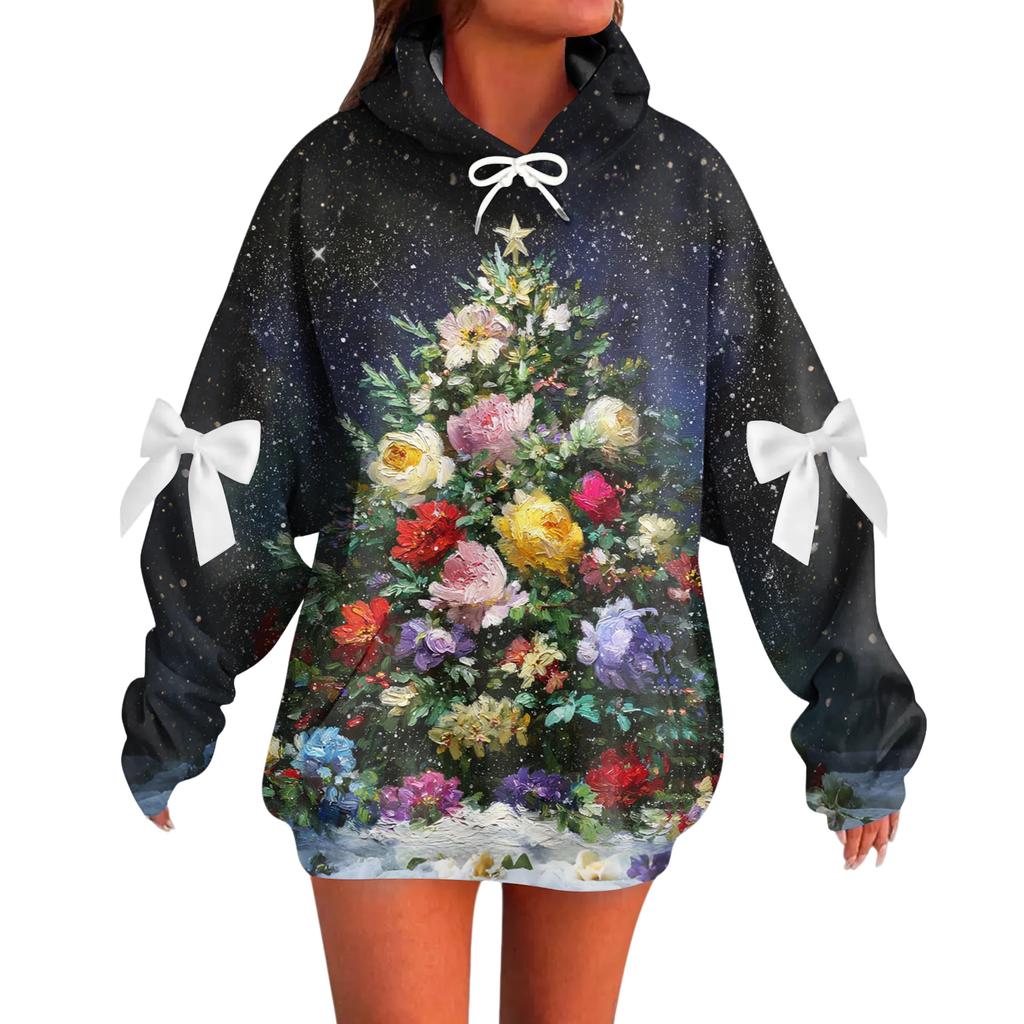 Ladies' Christmas Printed Bow Long Sleeved Loose Fitting Headband With Rope Hooded Sweatshirt Top