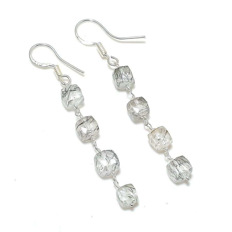 Black Rutile Gemstone Handmade 925 Sterling Silver Jewelry Earring 2.44" GK-5232