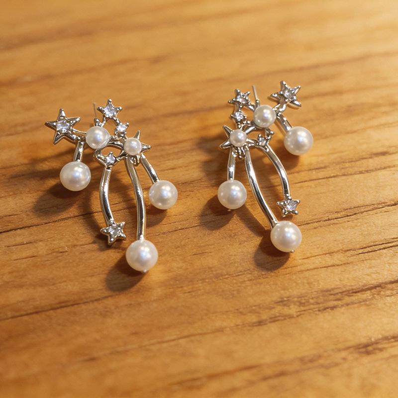 Silver Needle Rhinestone Star & Pearl Stud Earrings - Elegant, Versatile & Luxurious Accessories for Women
