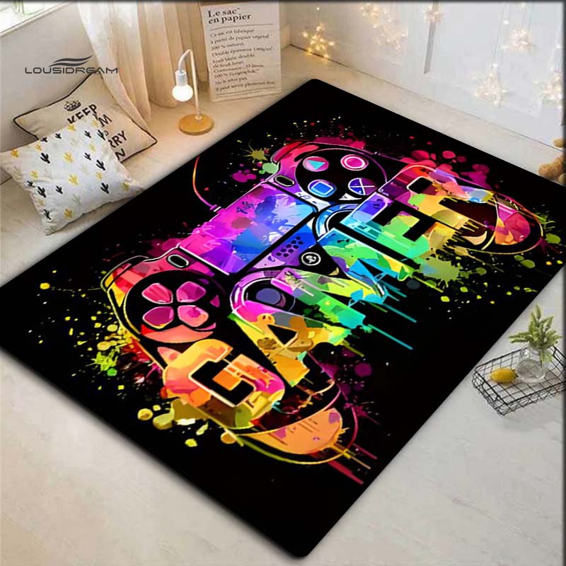 Colorful Graffiti Game Controller Gamer Print Doormat Black Non Slip Rectangular Floor Mat Gaming Room Entryway Bedroom Home Decor Rug