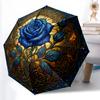 1pc Sturdy 8-Bone Auto Umbrella, Enchanted Azure Rose Petal Umbrella, Digital Printed, Foldable Umbrella for On-the-Go Outdoor Use