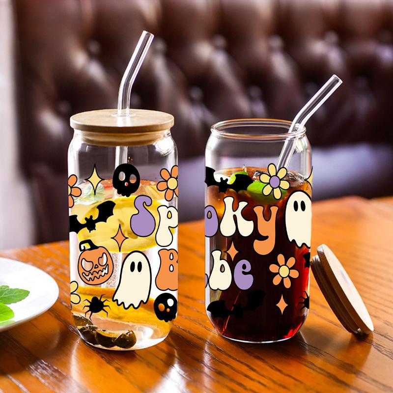 “Pooky Babe” Skull 3d Print Pattern 16oz Drinking Glass With Bamboo Lid&Straw Iced Coffee Cup Juice Bottle For Halloween Gifts