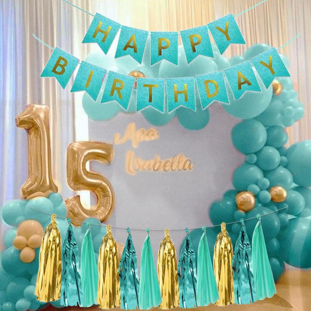 Teal Turquoise Gold Birthday Party Decorations Aqua Mint Birthday Banner Paper Tassel Garland Fringe Streamers for Girls 16th Women 30th 40th 50th