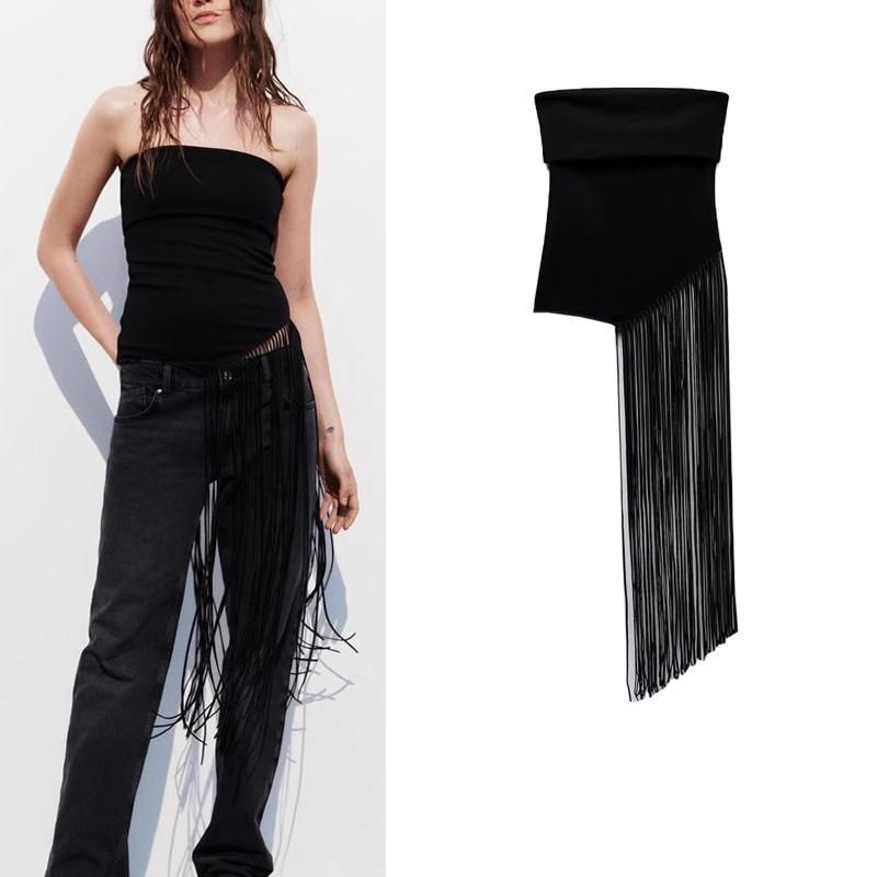 Fall and Winter New Arrival off-Shoulder off-Shoulder Asymmetric Hem Decorated Tassel Stretch Knitting Tops 5584156