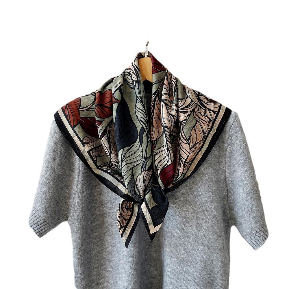 Double-Sided Two-Color Herringbone Silk Scarf Female High-End Oil Painting Leaf Printing Scarf Small Square Scarf Customization