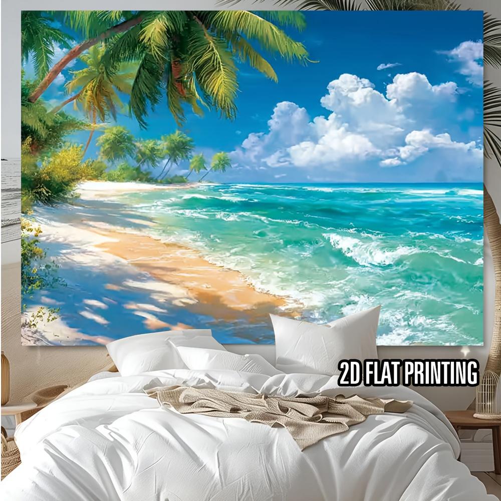 2D Plane, with a Background of Coconut Trees, Blue Sky, White Clouds and a Beautiful Ocean, Made of Polyester Fiber