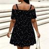 Women Plus Size Cold Shoulder Chain Straps Short Sleeve Sun Moon Printed Beige Loose Dress