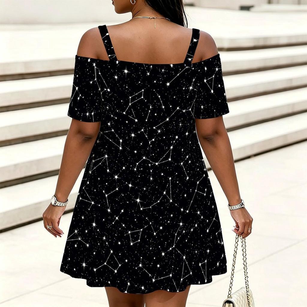 Women Plus Size Cold Shoulder Chain Straps Short Sleeve Sun Moon Printed Beige Loose Dress