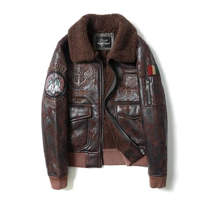 Men's Air Force Flight Suit, Motorcycle Leather Coat, Large Leather and Fur One Piece Embroidered Sleeve Label Leather Coat