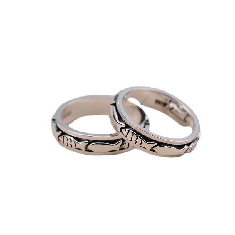 Retro Thai Silver Rotatable Fish Ring for Fashion and Stress Relief