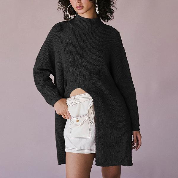 Autumn and Winter Women's Solid Colour Street Fashion Mid-Length Split Sweater